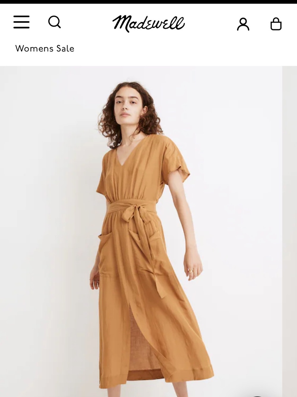 MADEWELL Mustard Brown V-Neck Short Sleeve Midi Dress with Tie Waist - Picture 8 of 8